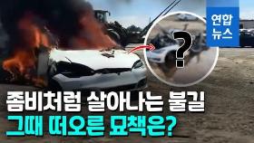 [영상] 물 뿌려도 불타는 테슬라 차…물웅덩이로 밀어넣어 겨우 껐다